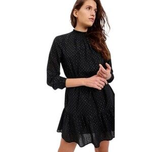 Gap Black Metallic Swiss Dot Mock Neck Ruffle Hem Lined Dress Large NWOT